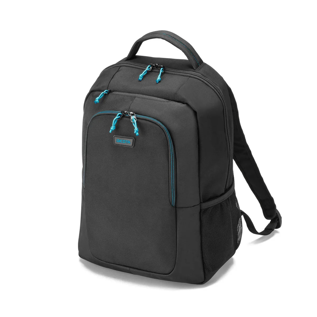 Black backpack with blue zippers on a white background