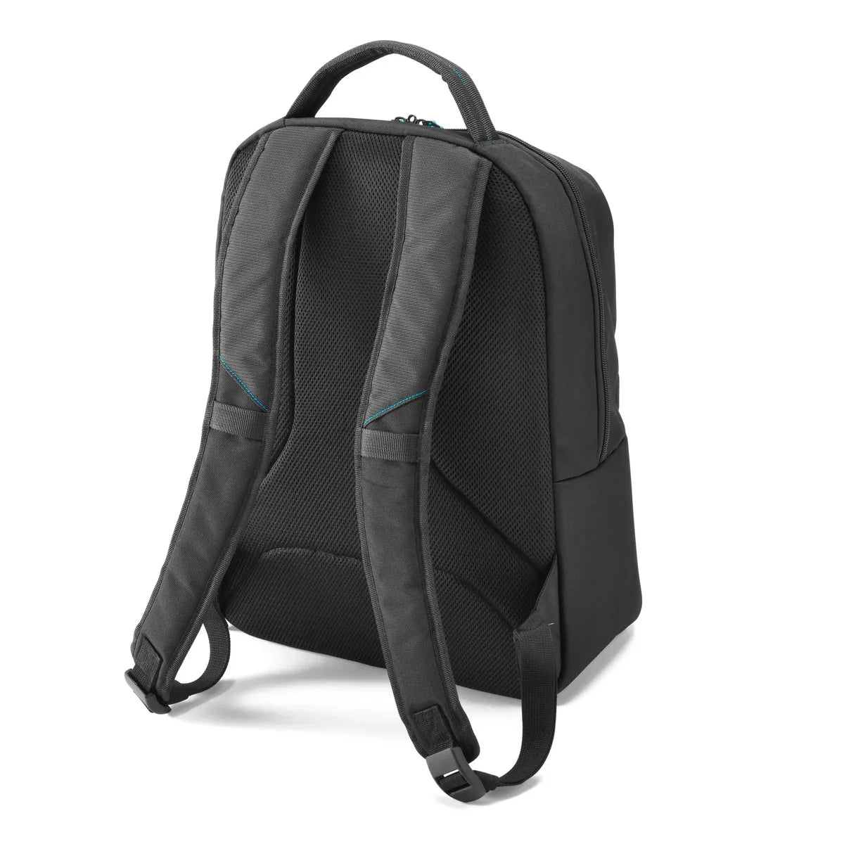 A black backpack shown from the back view, featuring a textured mesh back panel, padded shoulder straps, and a top carry handle, set against a plain white background.