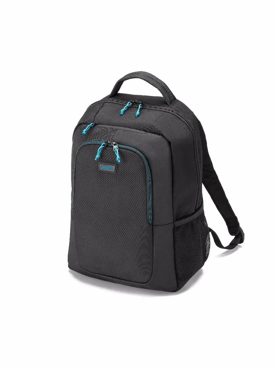 Black backpack with blue zippers on a white background