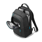 A black backpack shown on a white background with its front compartment open, revealing storage pockets and a laptop compartment containing a silver laptop. The backpack has small turquoise zipper pulls.