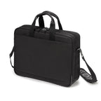 Black briefcase with shoulder strap on a white background