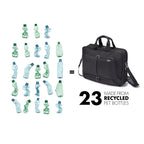 A black laptop briefcase bag shown next to a graphic of 23 recycled plastic bottles, with text reading 'MADE FROM 23 RECYCLED PET BOTTLES' on a white background.
