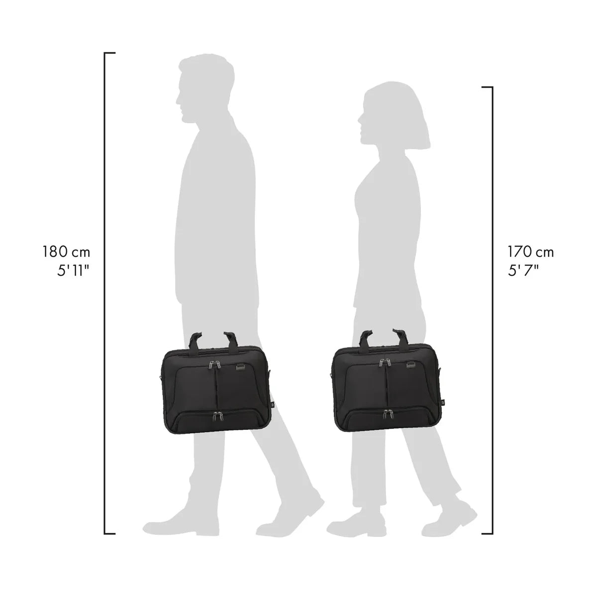 A black briefcase or laptop bag shown in two side-profile walking silhouettes to indicate size compatibility. The left silhouette is labeled 180 cm (5'11") and the right silhouette is labeled 170 cm (5'7") on a plain white background.