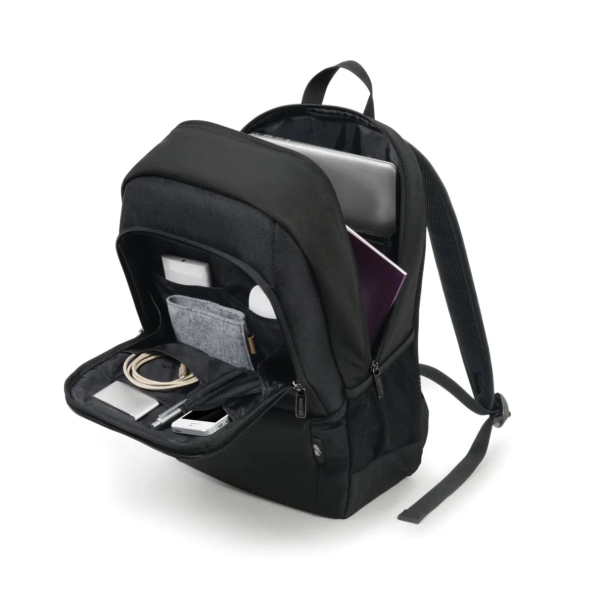 A black backpack shown open on a white background, with its front pocket and interior compartments visible, holding a laptop, phone, wallet, and other accessories.