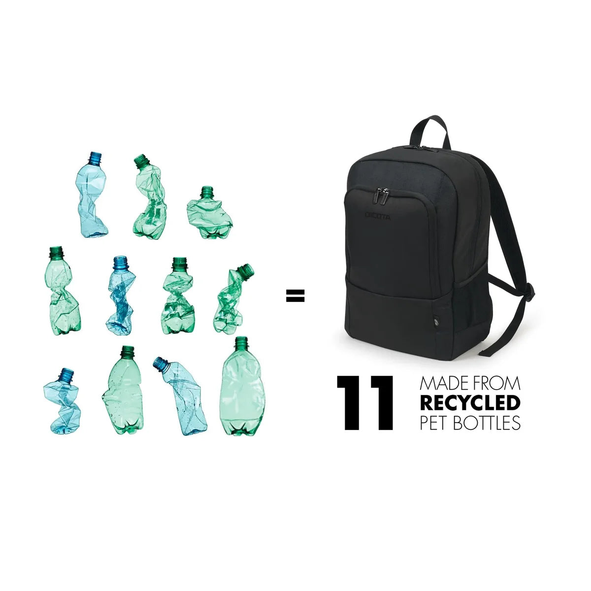 A black backpack shown on a white background next to illustrated recycled plastic bottles, with text reading 'MADE FROM RECYCLED PET BOTTLES' and '11'.