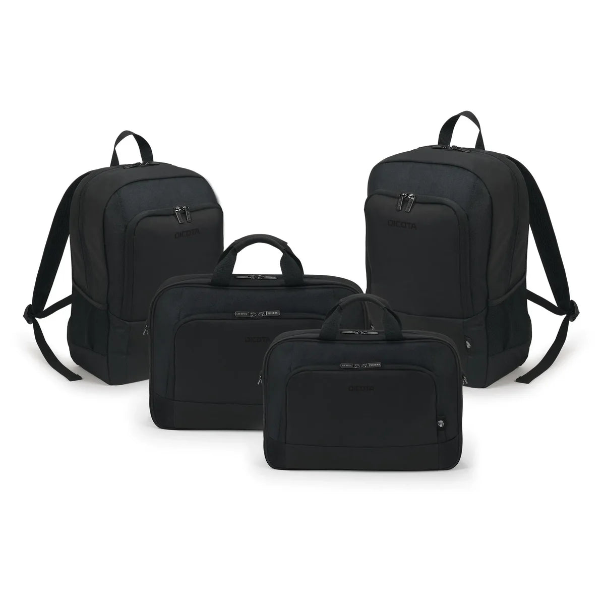 Four black office bags in different sizes arranged together on a white background, including two backpacks and two hard-sided briefcases with top handles and front zip compartments.
