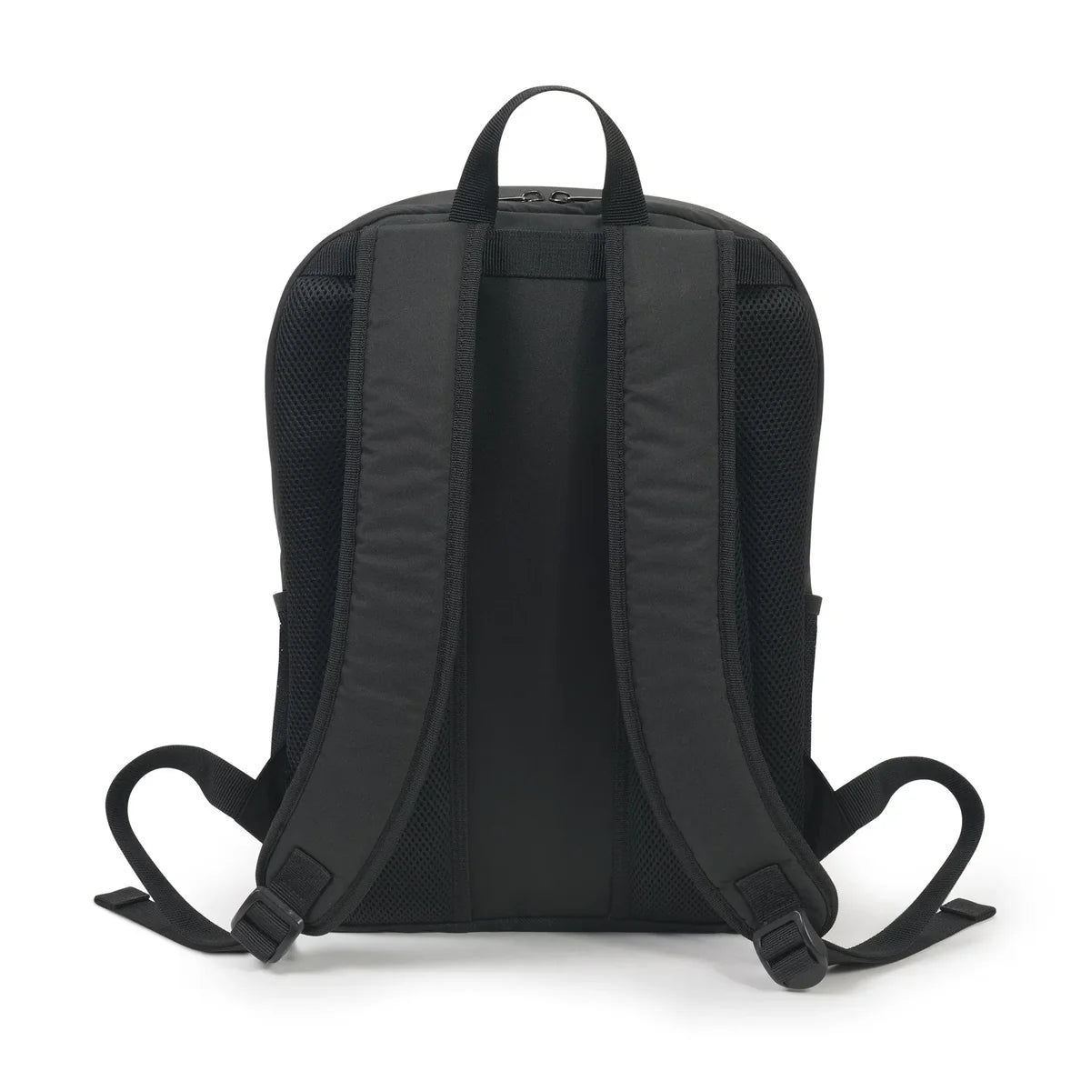 The back view of a black backpack with padded shoulder straps and a top carry handle, shown on a plain white background.
