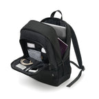 A black backpack shown open on a white background, with its front pocket and interior compartments visible, holding a laptop, phone, wallet, and other accessories.