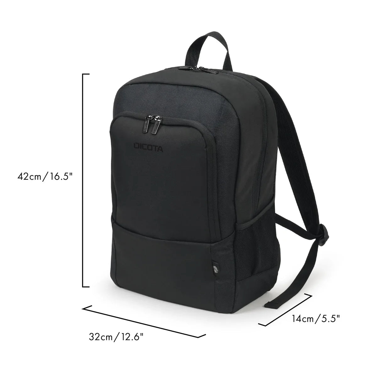 Black Decota backpack shown on a white background with dimension lines and text indicating height of 42cm/16.5", width of 32cm/12.