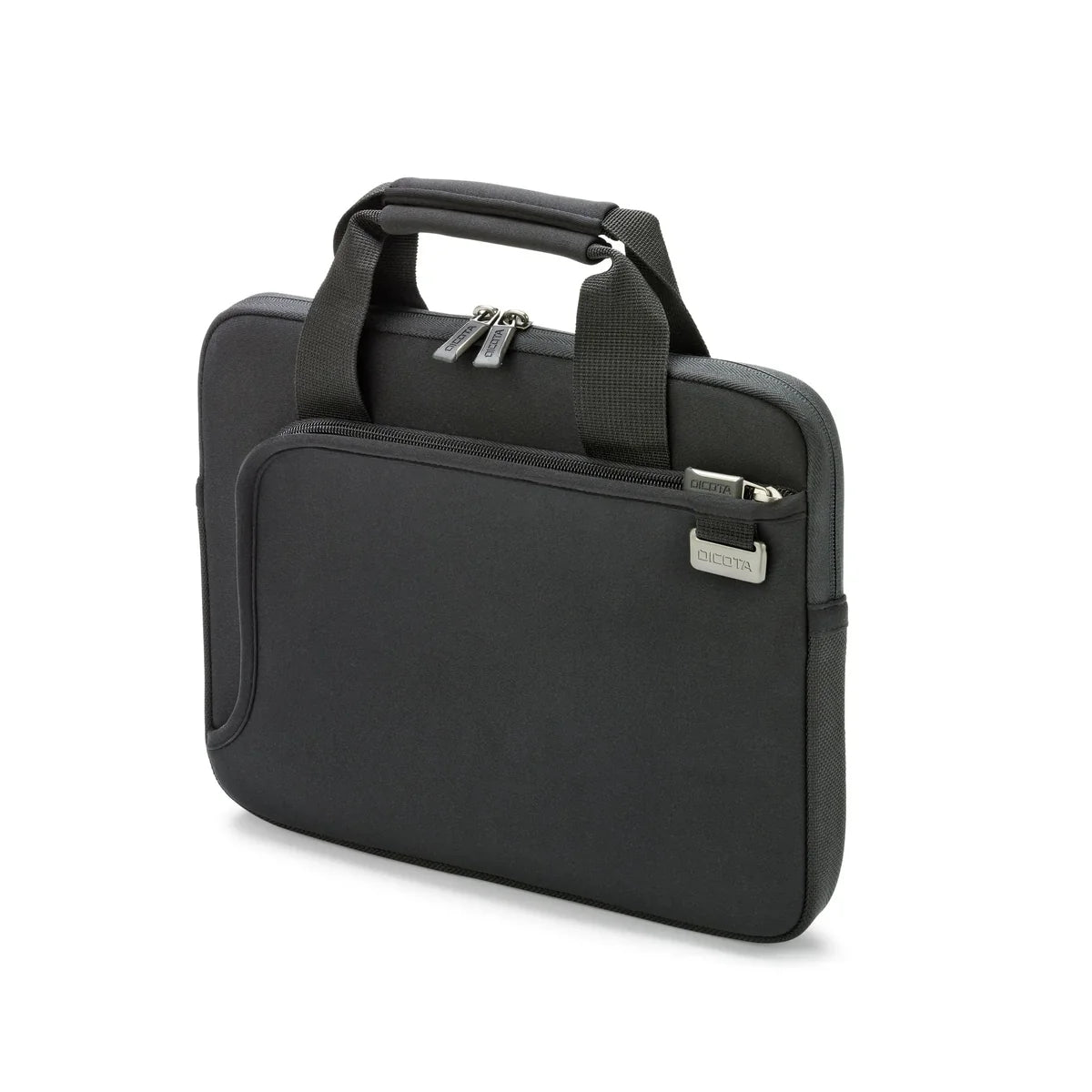 Black briefcase with handle and shoulder strap on a white background