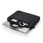 Black laptop bag with a silver laptop on a white background