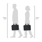 A black briefcase-style bag shown in silhouette next to human silhouette figures indicating height measurements, with text showing 180 cm / 5'11" on the left and 170 cm / 5'7" on the right.