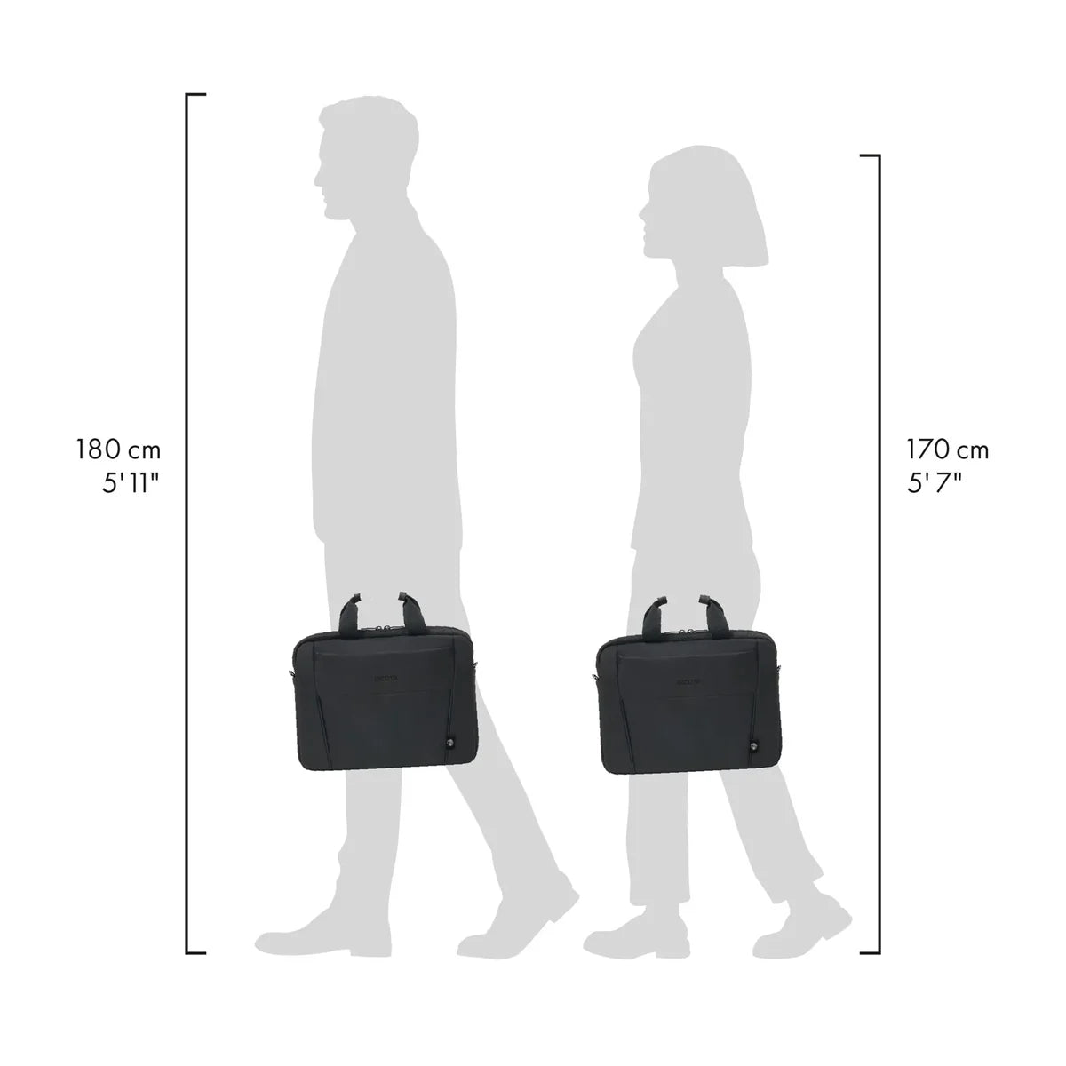 A black briefcase-style bag shown in silhouette next to human silhouette figures indicating height measurements, with text showing 180 cm / 5'11" on the left and 170 cm / 5'7" on the right.