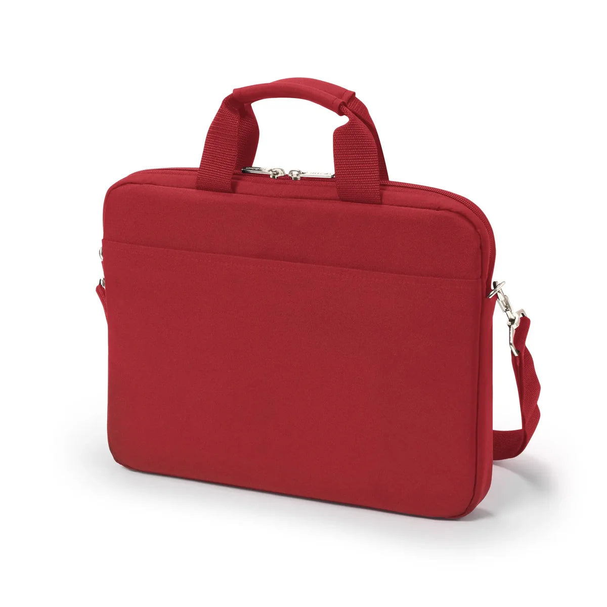 Red briefcase with a handle and shoulder strap on a white background