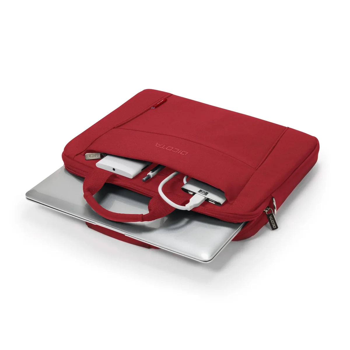 Red laptop bag with a silver laptop and white accessories on a white background