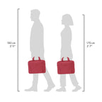 A red briefcase-style bag is shown in silhouette next to two gray human figures to indicate size comparison. The left figure is labeled 180 cm (5'11") and the right figure is labeled 170 cm (5'7").