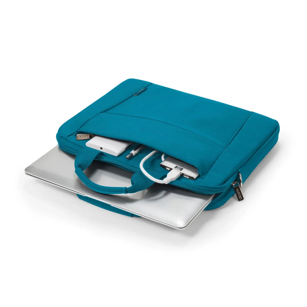 Blue laptop bag with a silver laptop on a white background