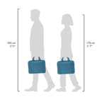 A blue briefcase or laptop bag is shown in a size comparison graphic with silhouettes of a man and a woman walking, labeled 180 cm (5'11") on the left and 170 cm (5'7") on the right.