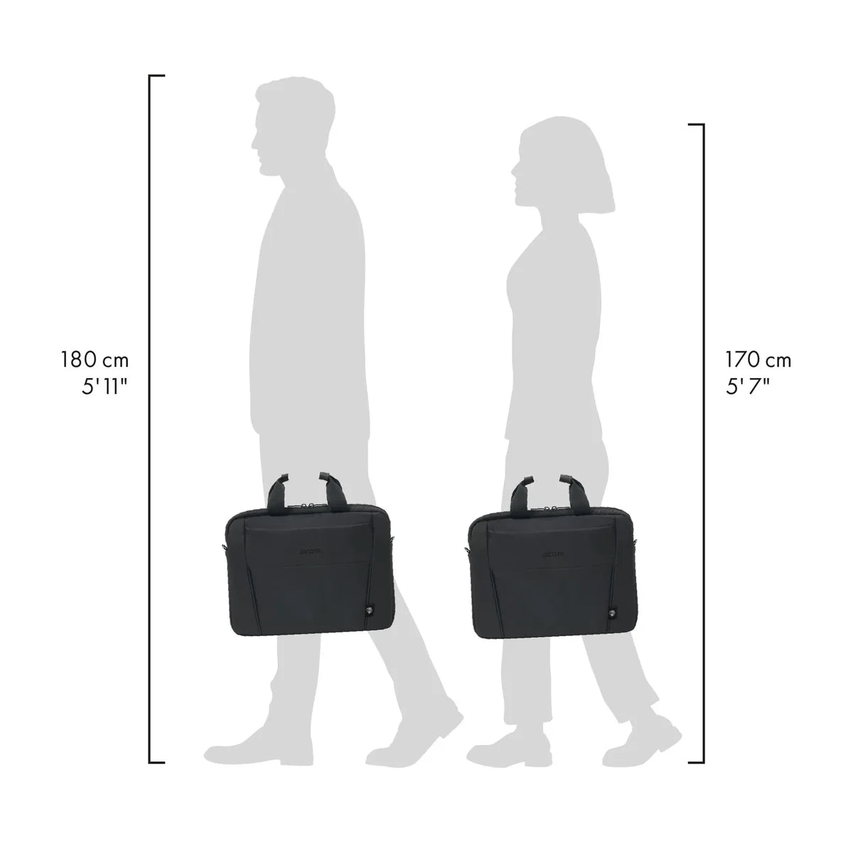 A black briefcase-style bag is shown in two side-profile human silhouettes to indicate height compatibility. The left silhouette is labeled 180 cm (5'11") and the right silhouette is labeled 170 cm (5'7").