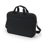 Black briefcase with shoulder strap on a white background