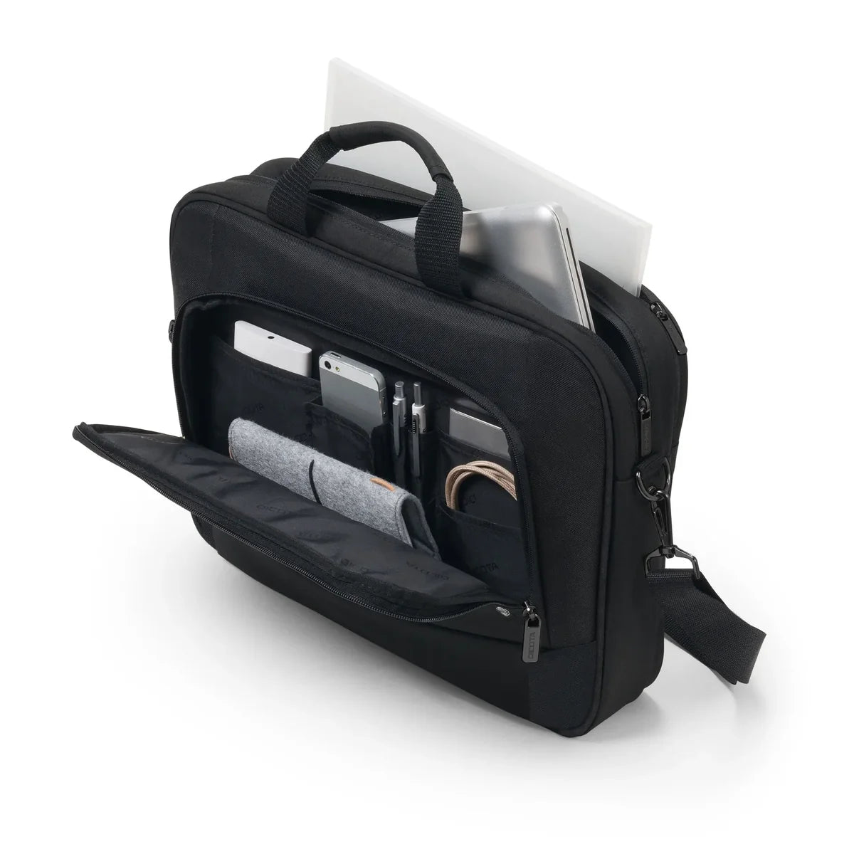 Black laptop bag with compartments on a white background