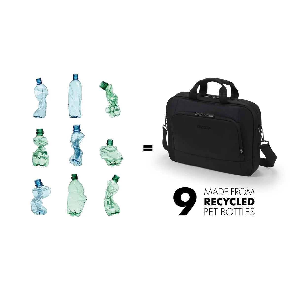 A black nylon laptop bag with a top handle and shoulder strap, shown next to a graphic of nine recycled plastic bottles in green and blue, with the text 'MADE FROM RECYCLED PET BOTTLES'.