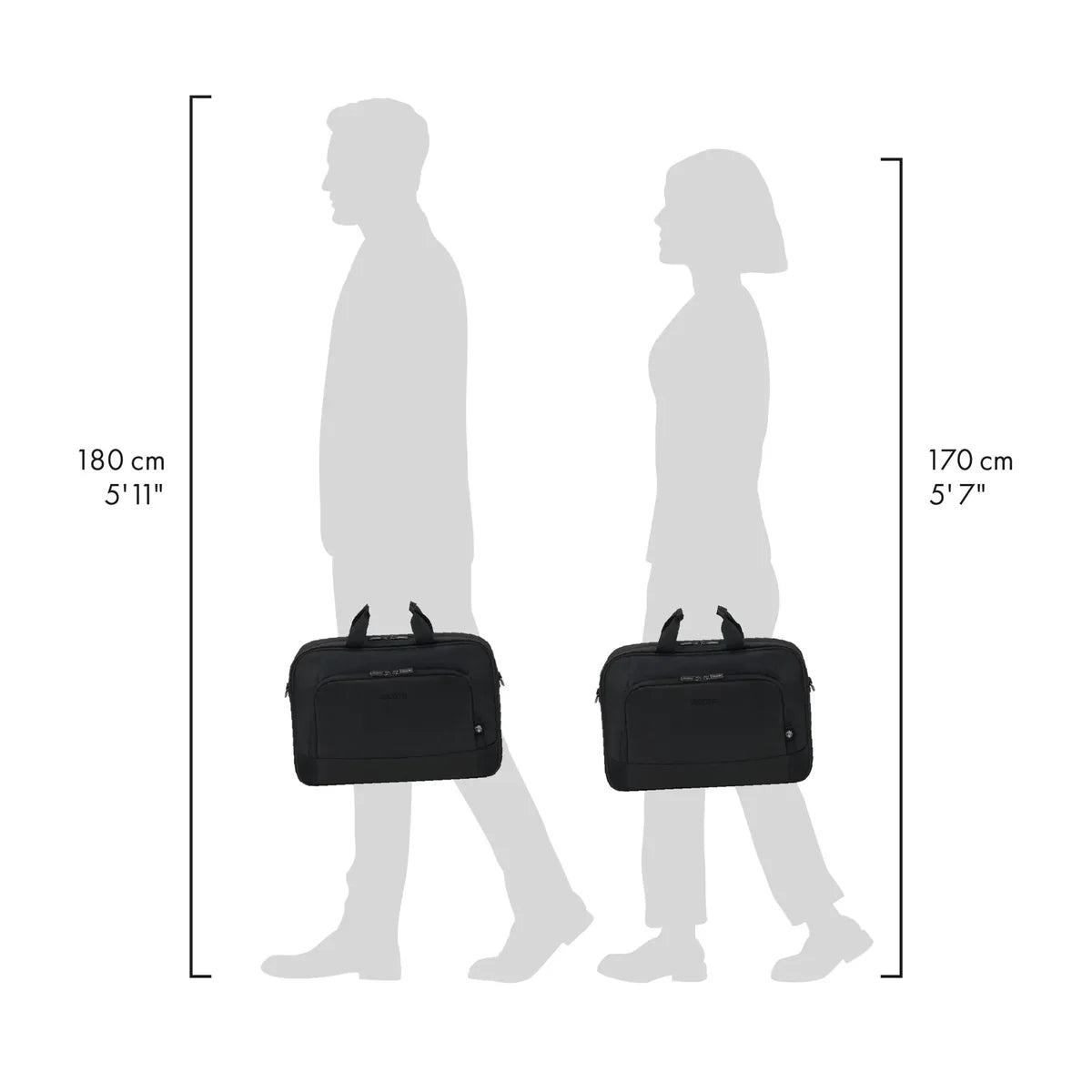 A black briefcase shown in two size comparison silhouettes, labeled 180 cm (5'11") on the left and 170 cm (5'7") on the right, on a white background.
