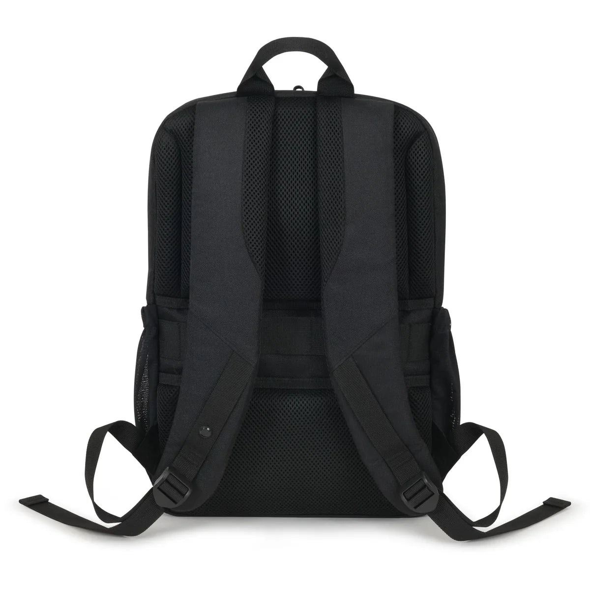 Black mesh and fabric backpack shown from the back view, featuring padded shoulder straps, a top carry handle, and side pockets, set against a plain white background.