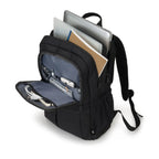 Black backpack with compartments containing electronic devices on a white background
