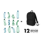 A black backpack shown next to a graphic of 12 crumpled translucent plastic bottles in green and blue, with text reading 'MADE FROM RECYCLED PET BOTTLES' on a white background.