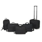 A 5-piece black luggage set including a rolling suitcase with an extended telescoping handle, a laptop backpack, a briefcase, a shoulder bag, and a laptop bag, arranged on a plain white background.