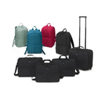 A set of travel bags including backpacks, briefcases, and a rolling suitcase, shown on a clean white background. The set includes multiple colors: sage green, teal blue, magenta red, and black.