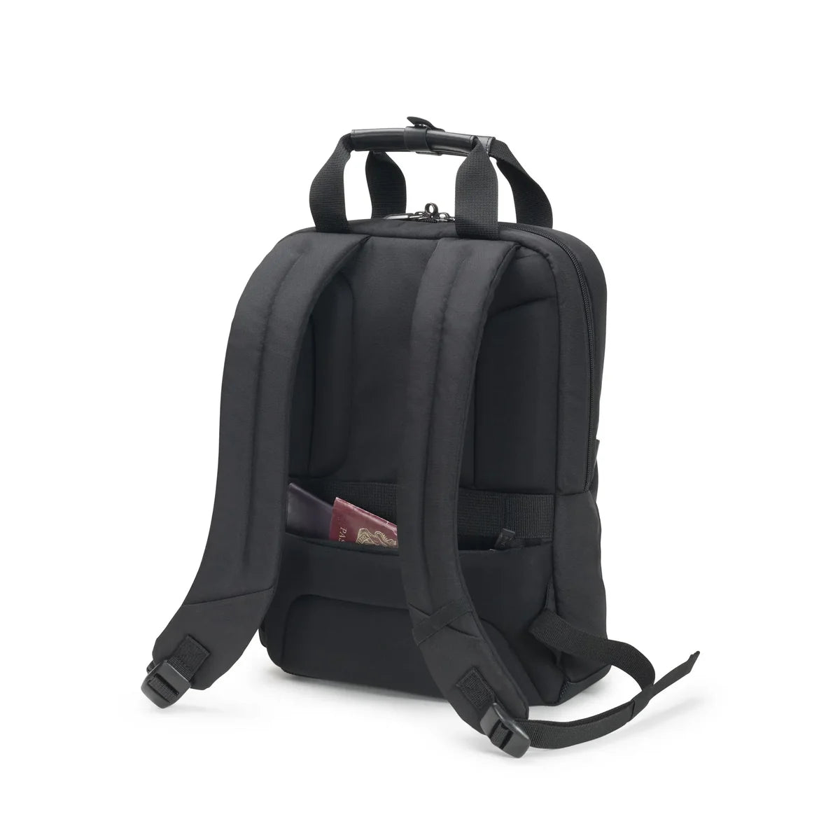 Black backpack with a pocket open on a white background
