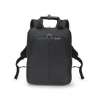 A black nylon backpack with dual top handles, a front zippered pocket, and adjustable shoulder straps, shown against a plain white background.