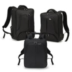 Three black backpacks shown on a clean white background, including two larger backpacks and one smaller backpack, each with top handles, shoulder straps, and front zip compartments.