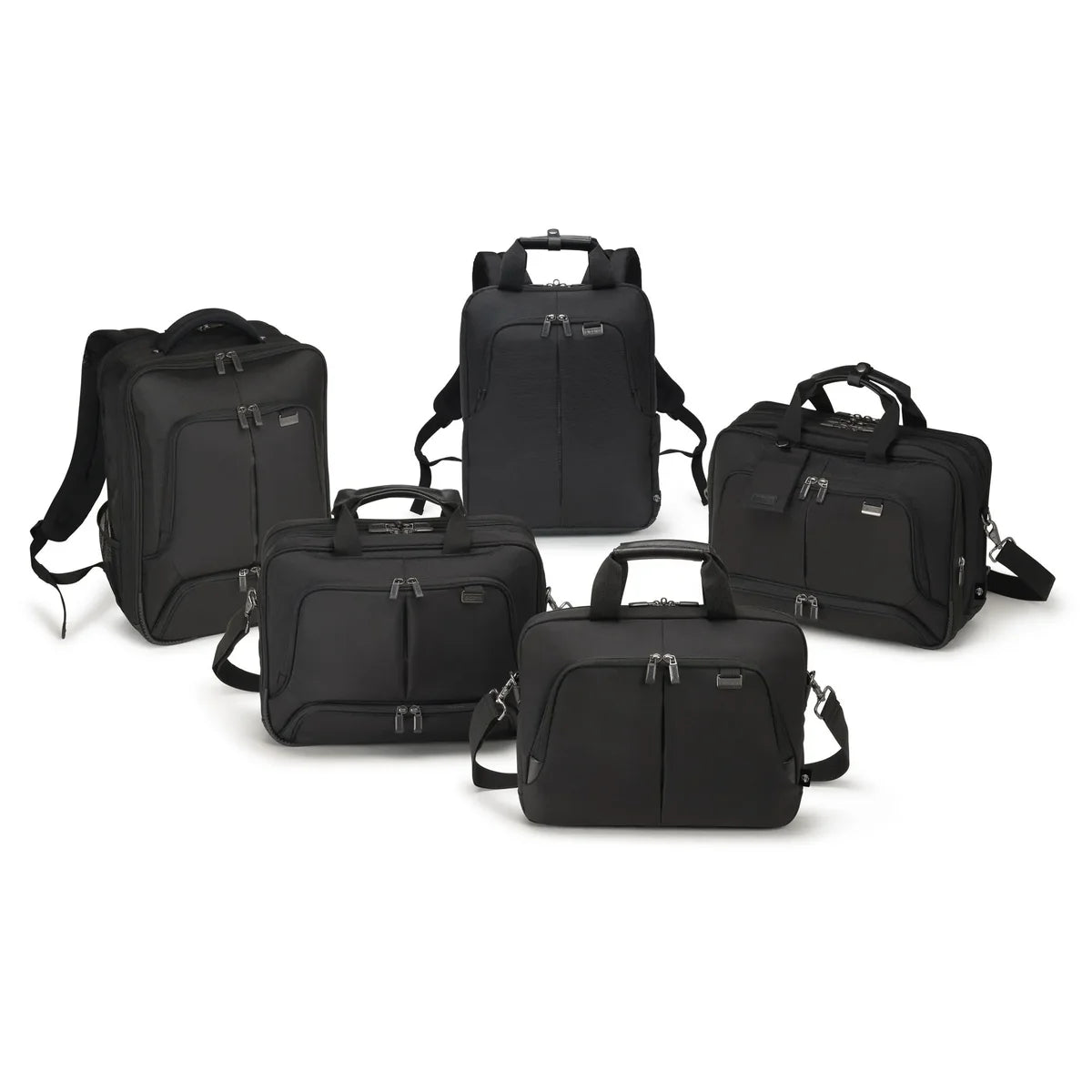 Five black business bags in different sizes arranged on a white studio background, including backpack, duffel, and satchel styles with top handles, side straps, and front zip compartments.