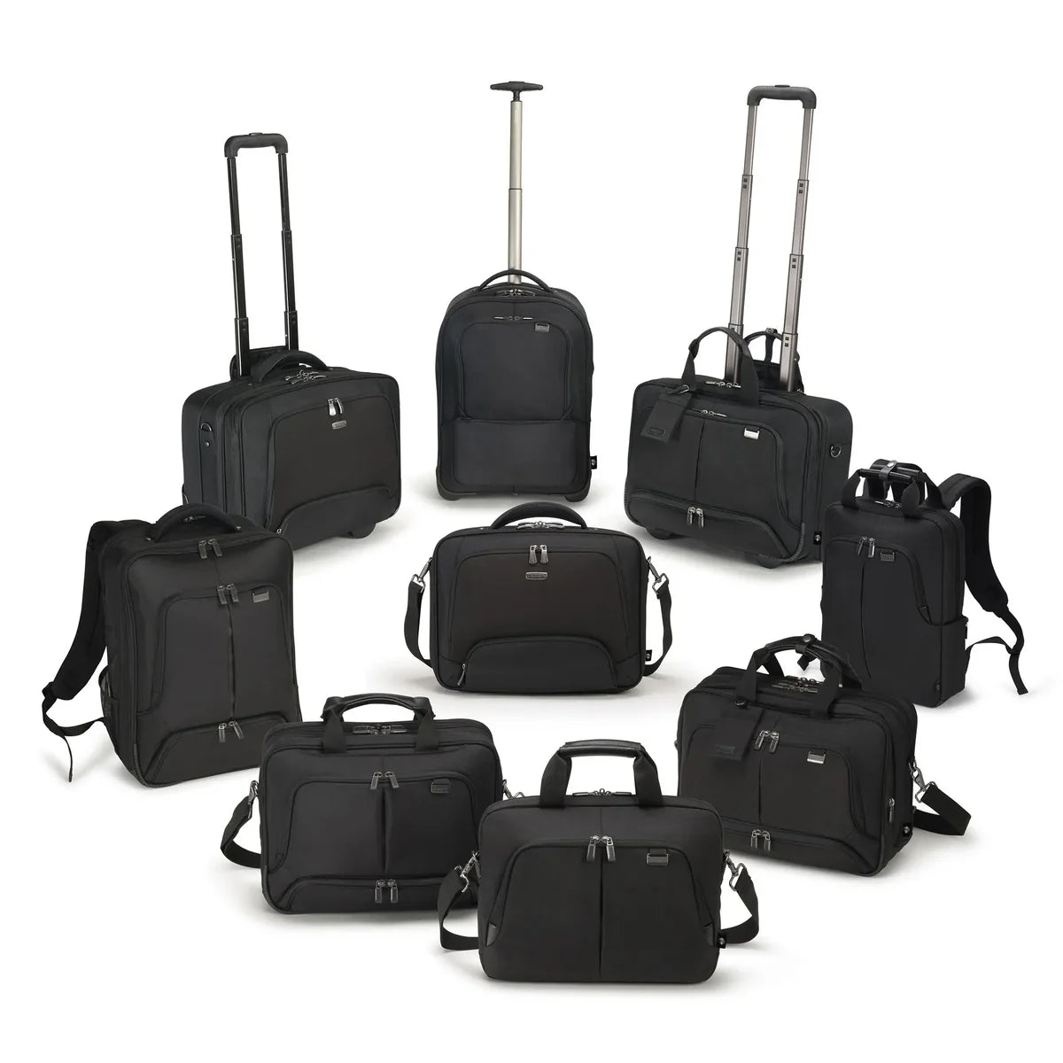 A set of black travel and laptop bags in various sizes, including rolling suitcases, backpacks, duffel bags, and briefcases, arranged on a plain white background.