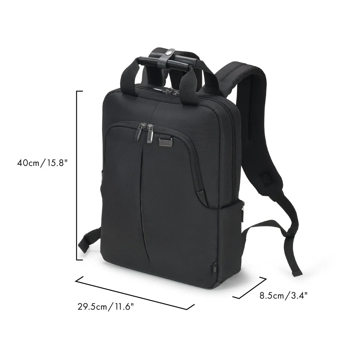 Black backpack shown on a white background with dimension lines and text indicating height of 40cm (15.8"), width of 29.