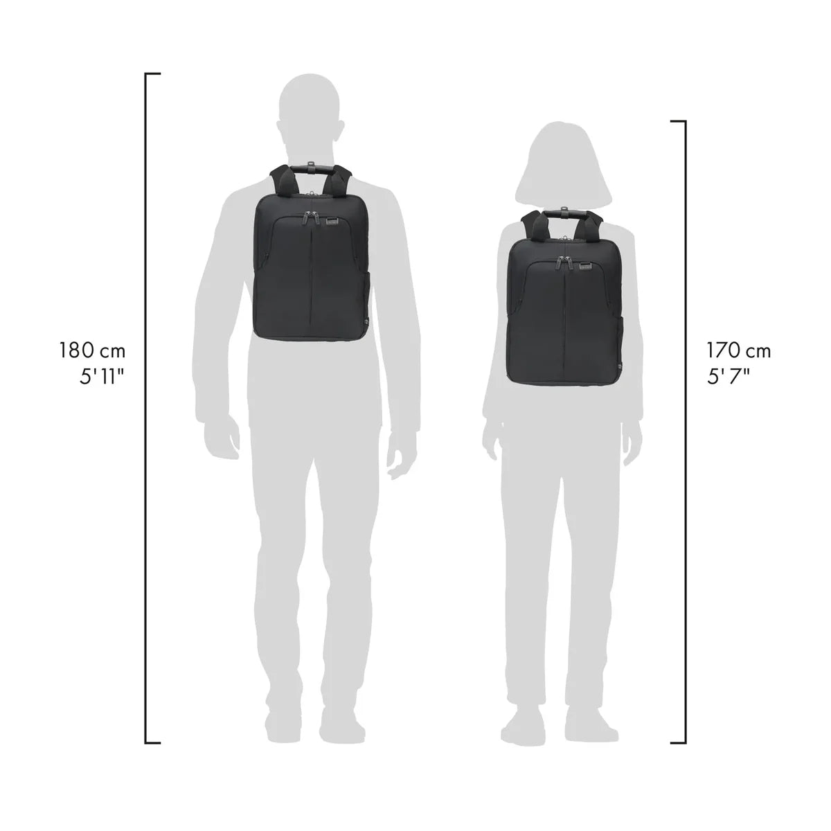 A black backpack shown on two gray human silhouettes to indicate height compatibility. The left figure is labeled 180 cm (5'11") and the right figure is labeled 170 cm (5'7") against a plain white background.