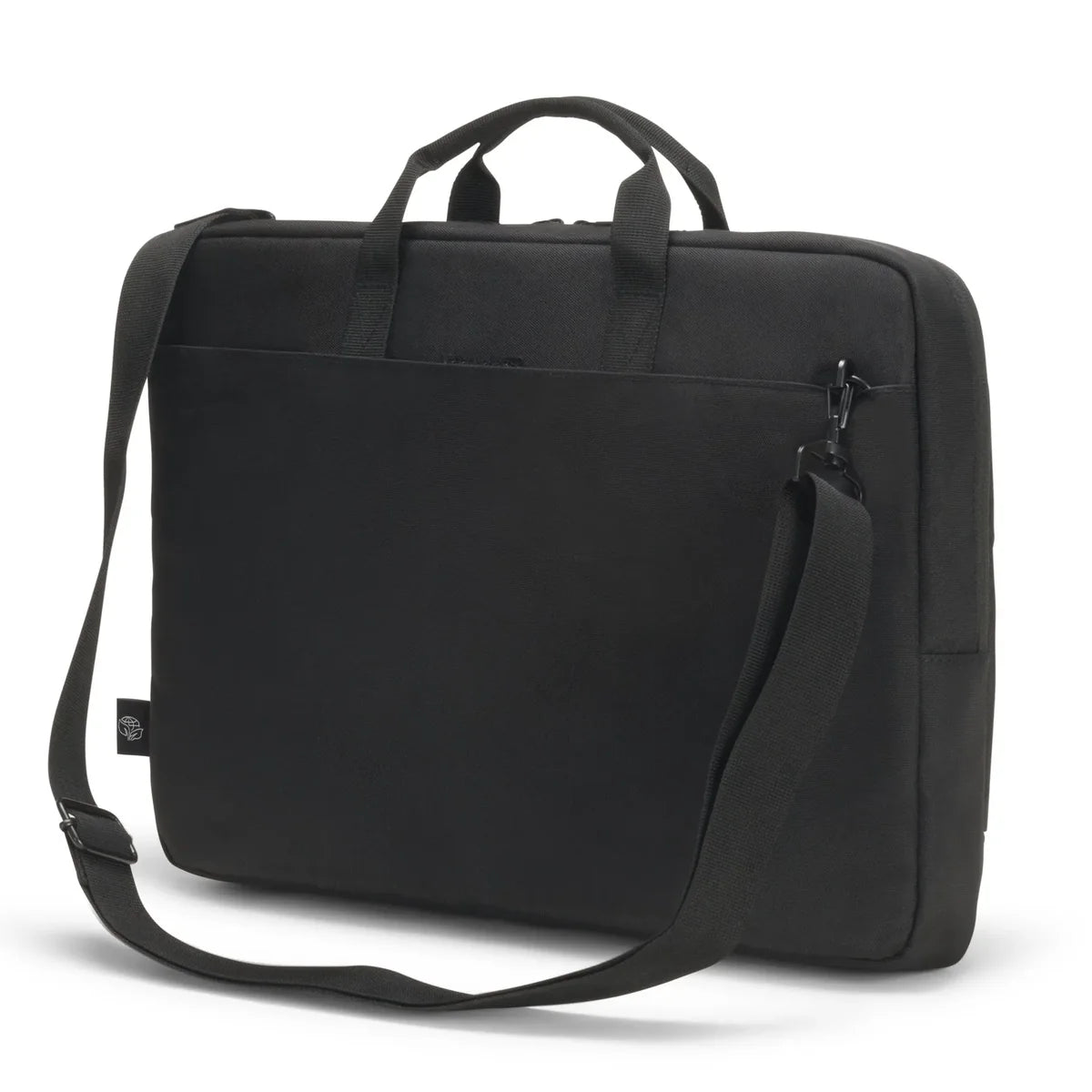 Black laptop bag with a shoulder strap on a white background