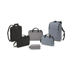 Six minimalist laptop and accessory bags in black and heather gray, arranged on a clean white background.