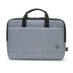 A gray heathered laptop sleeve with black handles and trim, shown from the front on a white background.