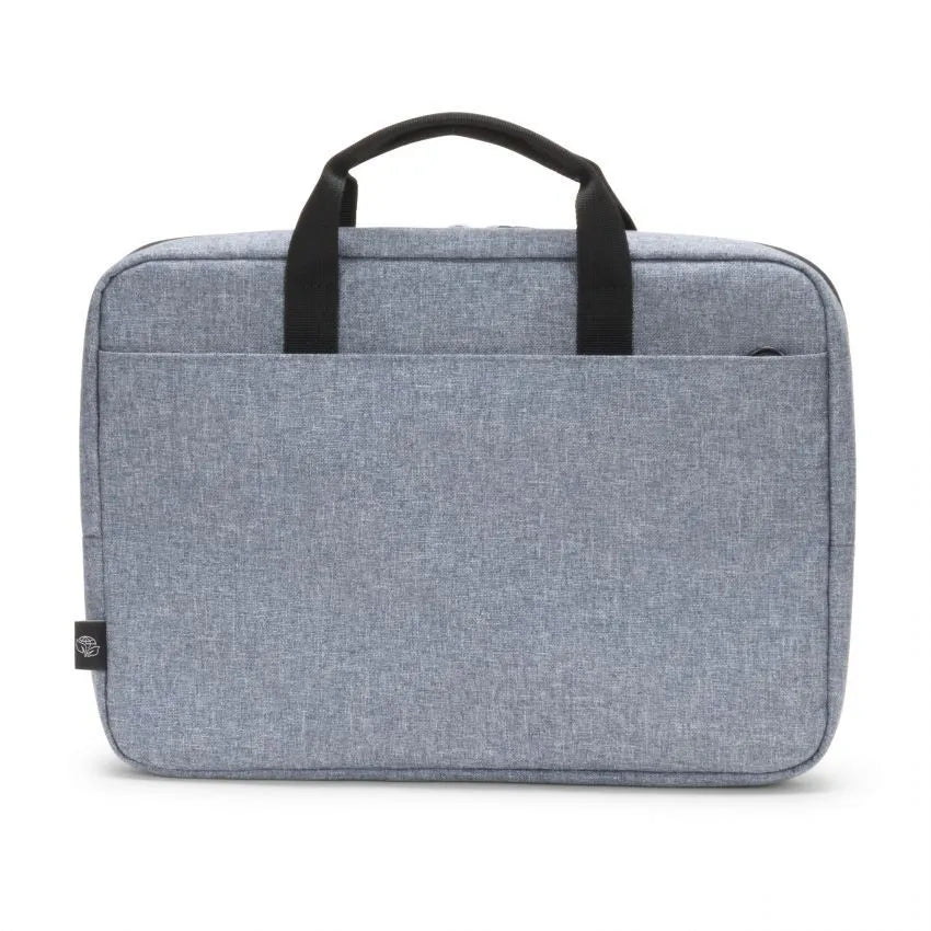A light blue-gray heathered fabric laptop sleeve with black top handles, shown from the front on a white background.