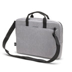 Gray laptop bag with black straps on a white background
