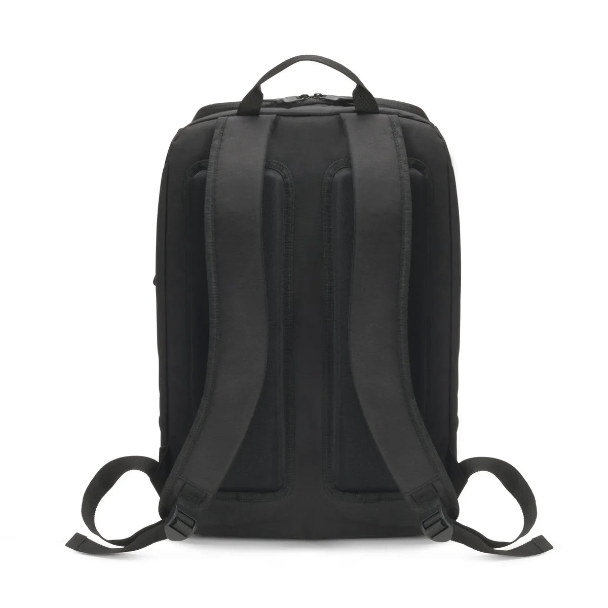 Black backpack shown from the back view on a solid white background.