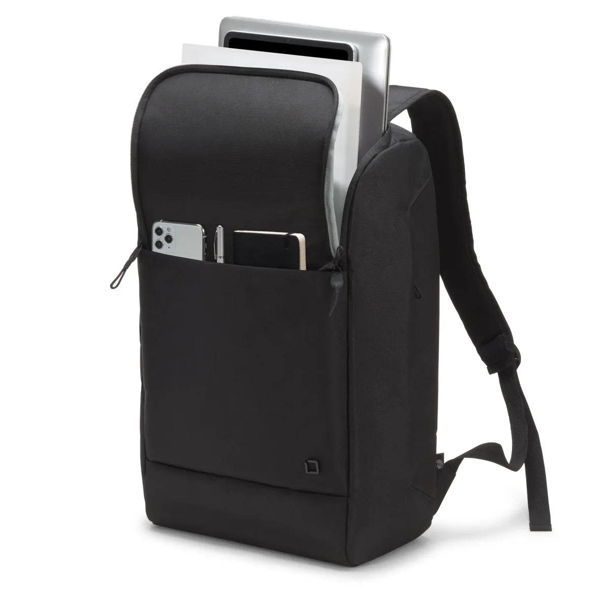 Black backpack with a laptop compartment on a white background