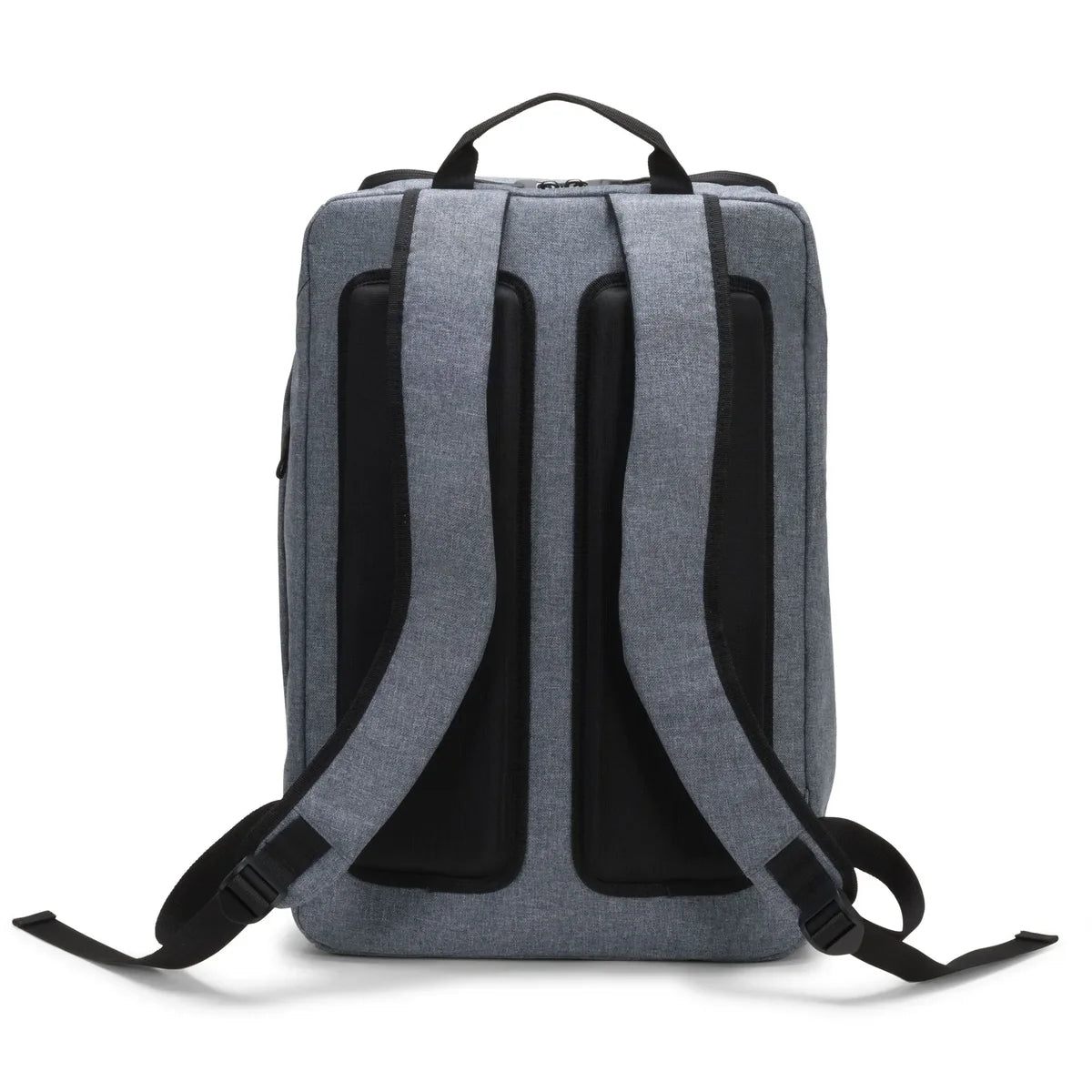 Gray backpack with black straps on a white background
