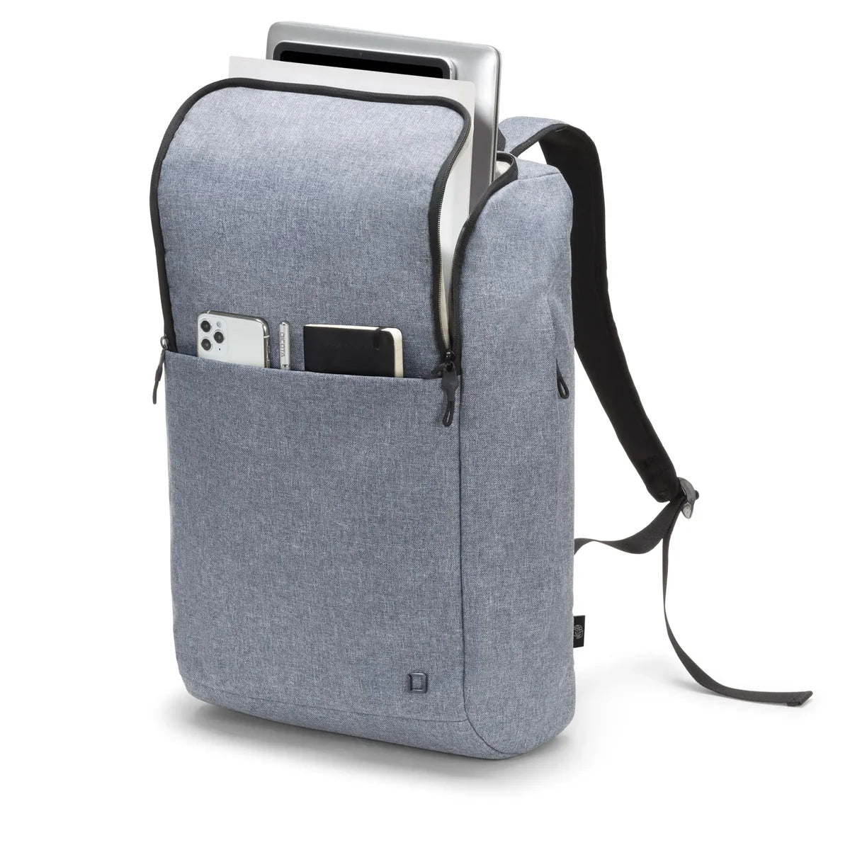 Gray backpack with front pocket on a white background