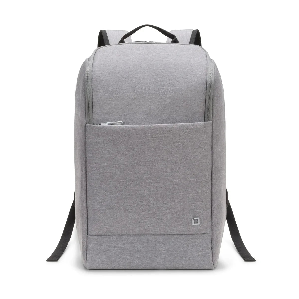 Gray backpack with a front pocket on a white background
