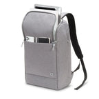 A light gray heathered backpack shown on a white background, filled with a silver laptop and holding a white smartphone and a black card in its front slip pocket. The backpack has black shoulder straps and a small square logo near the bottom front.